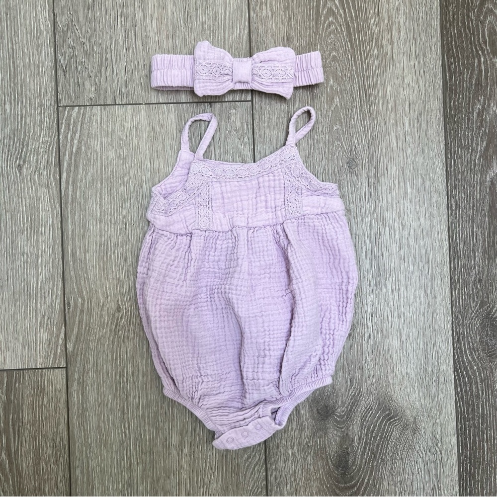 GRAYSON COLLECTIVE SLEEVELESS BUBBLE ROMPER AND HEADBAND PURPLE 6-9MO